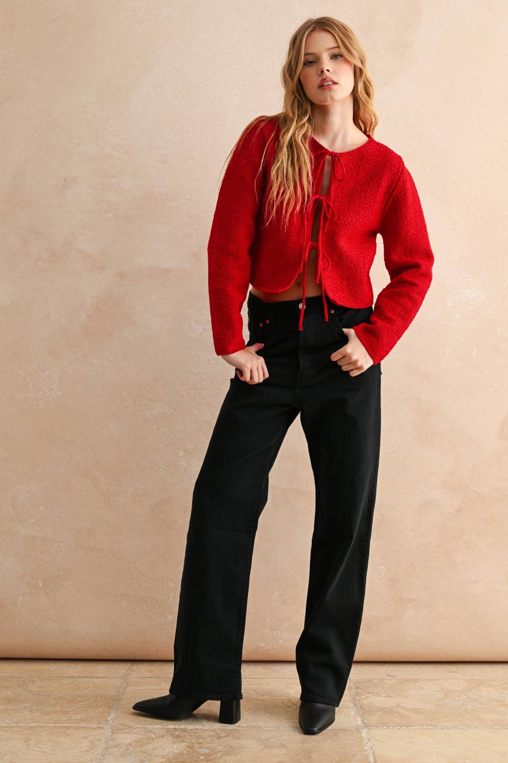Red Tie Front Long Sleeve Cardigan