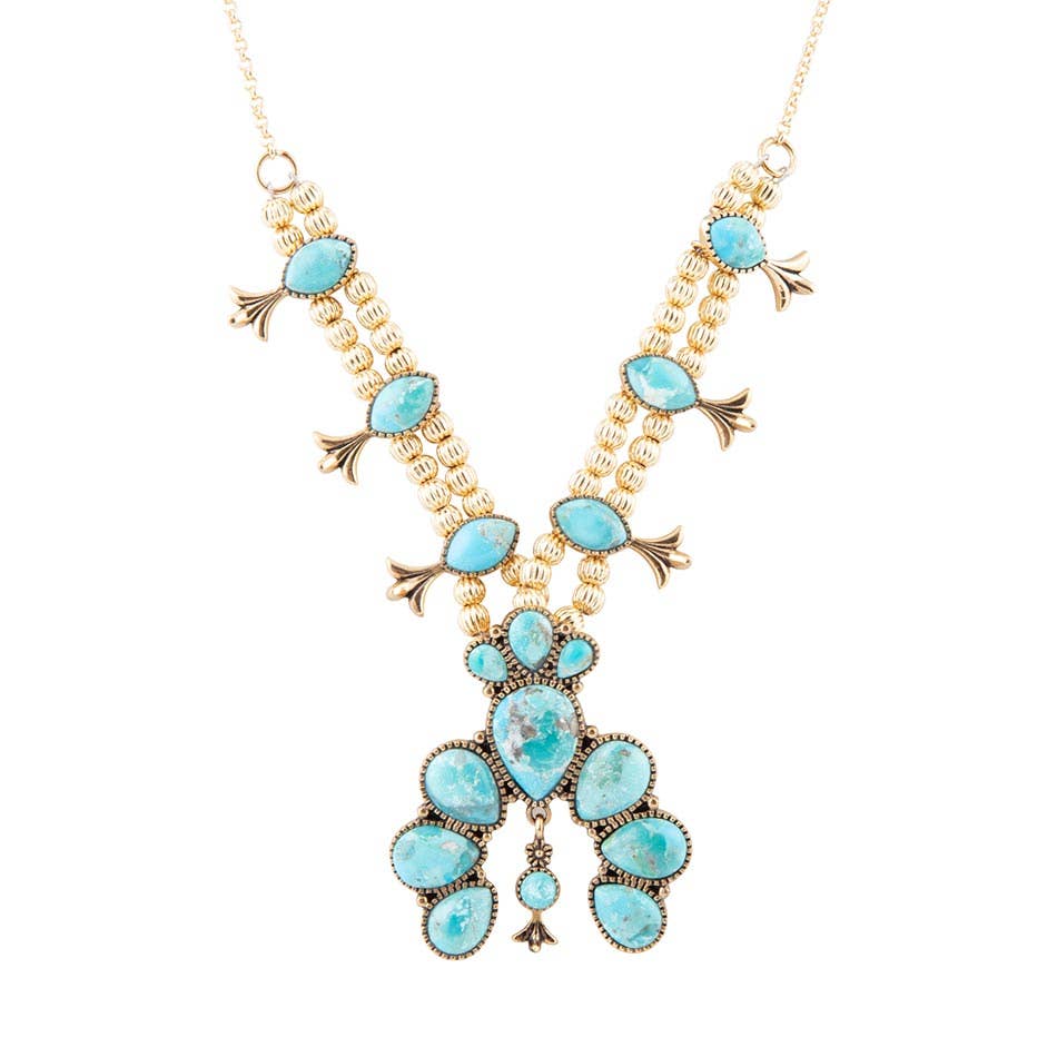 Barse Floral Statement Blue Turquoise Golden Necklace