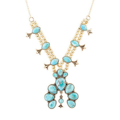 Barse Floral Statement Blue Turquoise Golden Necklace
