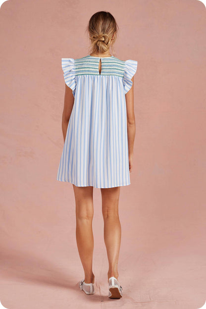 Stripe Color Smocking Detail Mini Dress
