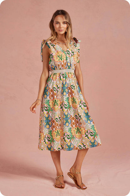Garden Party Tie Shoulder Crochet Waist Midi Dress