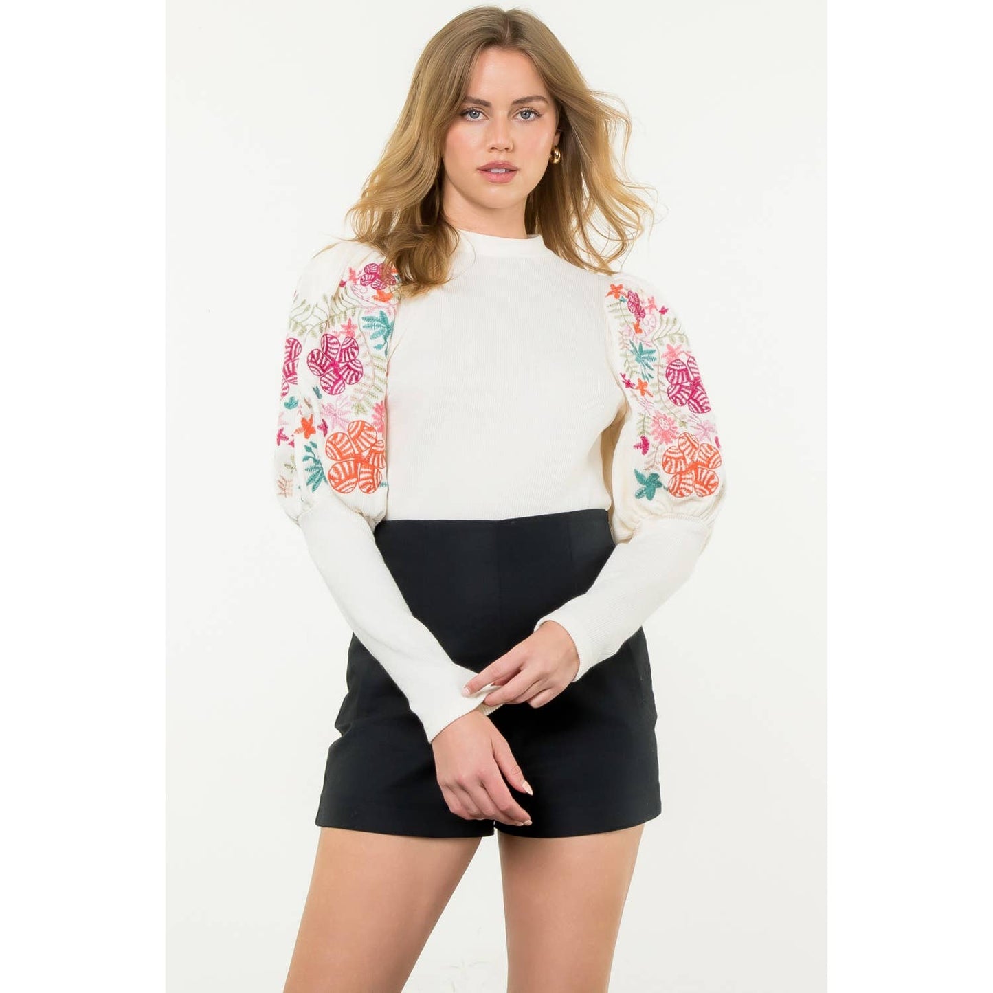 Embroidered Bishop Sleeve Sweater Top
