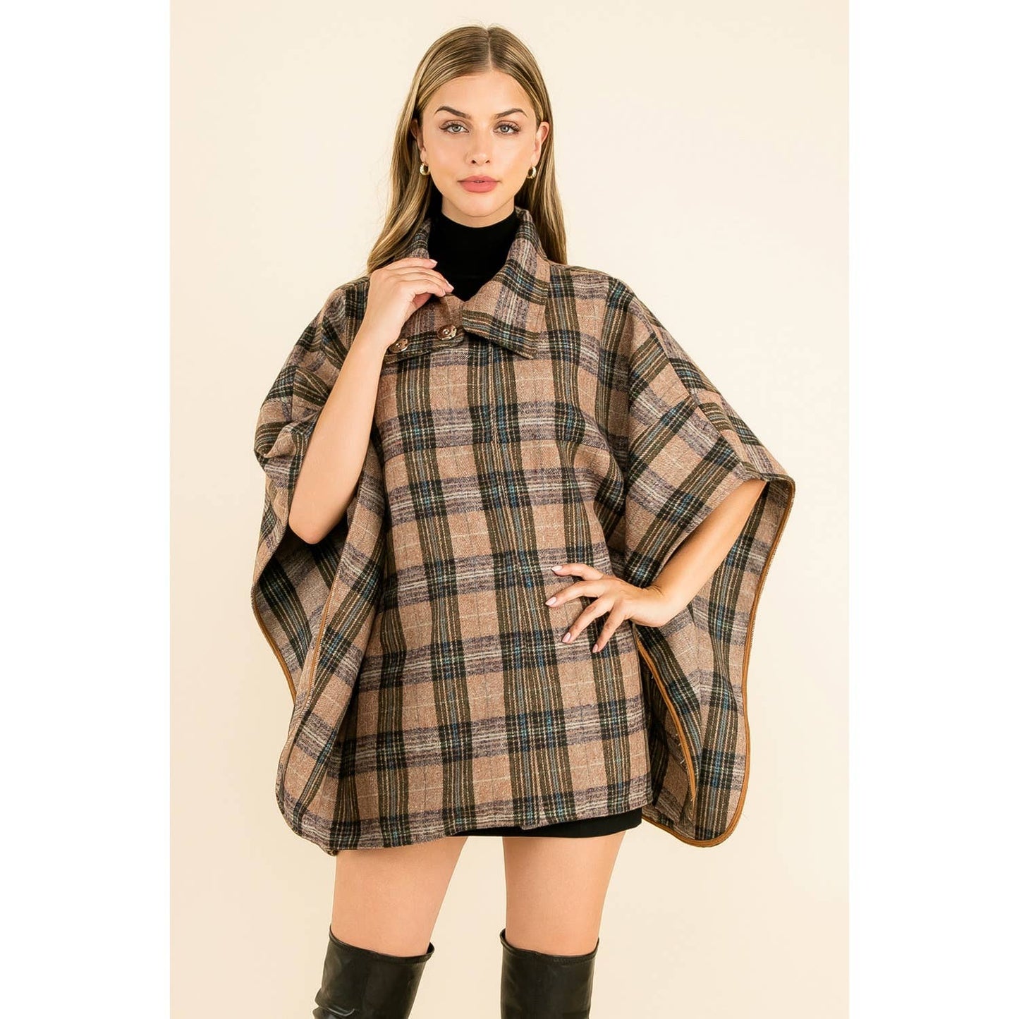 High Neck Plaid Poncho