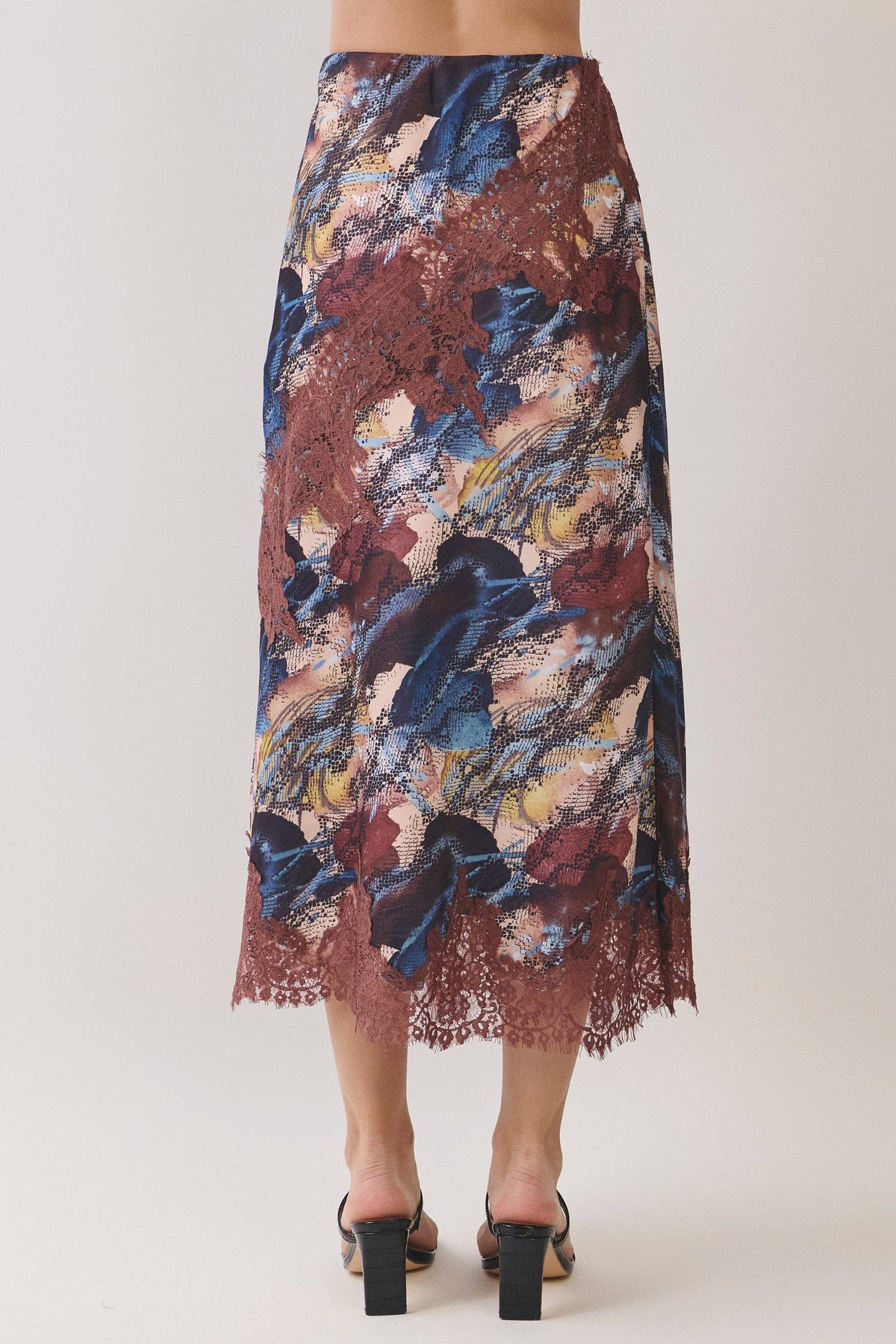 TCEC Abstract Print Lace Trim Midi Skirt