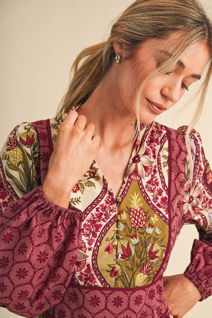 Mixed Floral Print Midi Dress
