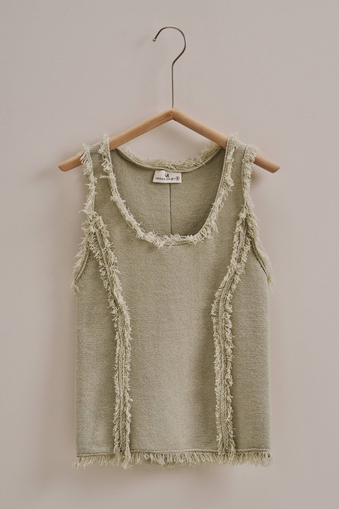 Frayed Trim Textured Knit Sleeveless Top