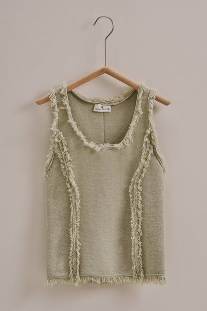 Frayed Trim Textured Knit Sleeveless Top