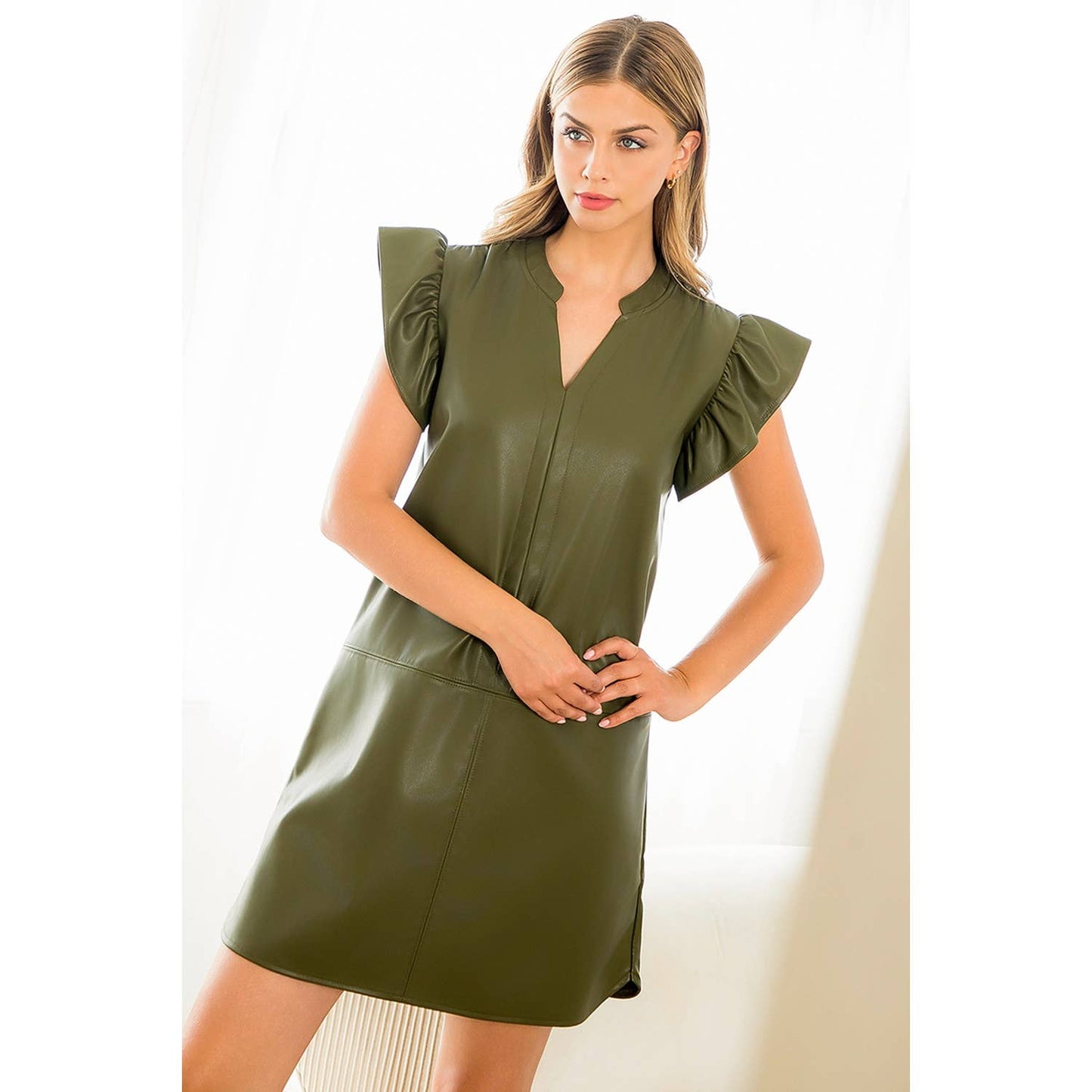 THML Olive Leather Ruffle Sleeve Dress