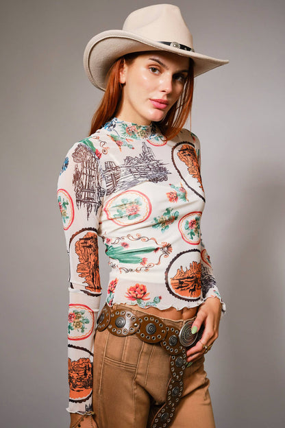 Western Motif Mesh Mock Neck Top