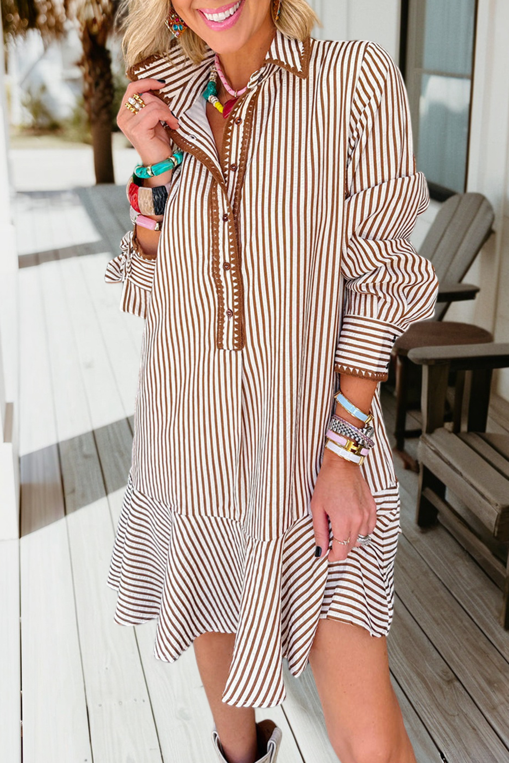 Stripe Shirt Collar Embroidered Trim Ruffle Hem Dress