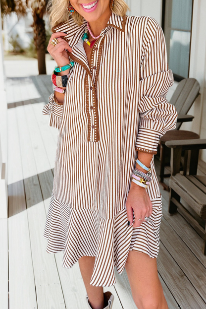 Stripe Shirt Collar Embroidered Trim Ruffle Hem Dress