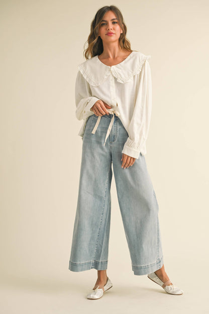 Tie Front Washed Denim Pants