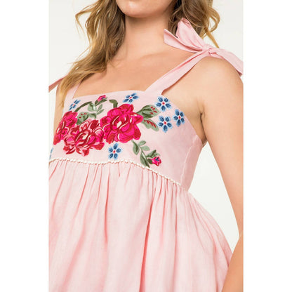 Tie Strap Flower Embroidered Top