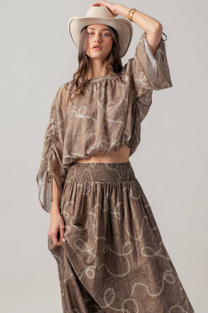 Rope Print Ruched Sleeve Blouse & Smocked Waist Skirt Set