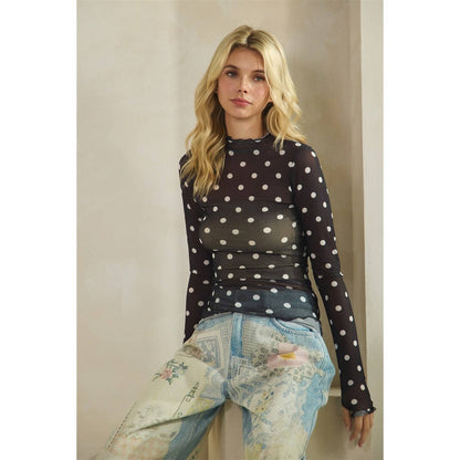 Lace Long Sleeve See Through Polka Dot Top