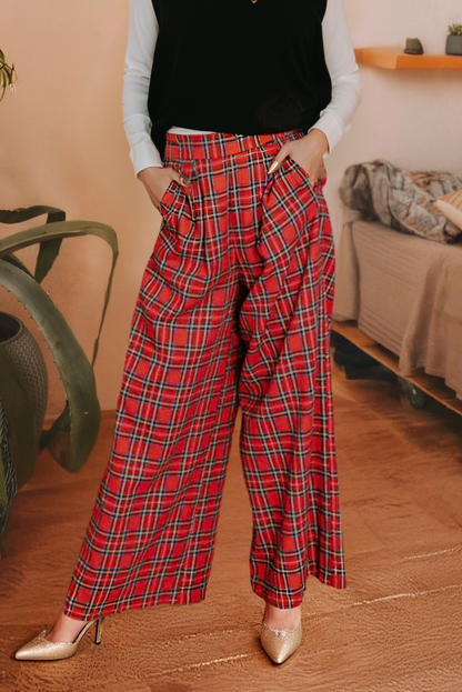 Festive Plaid Wide Leg Pull On Pants