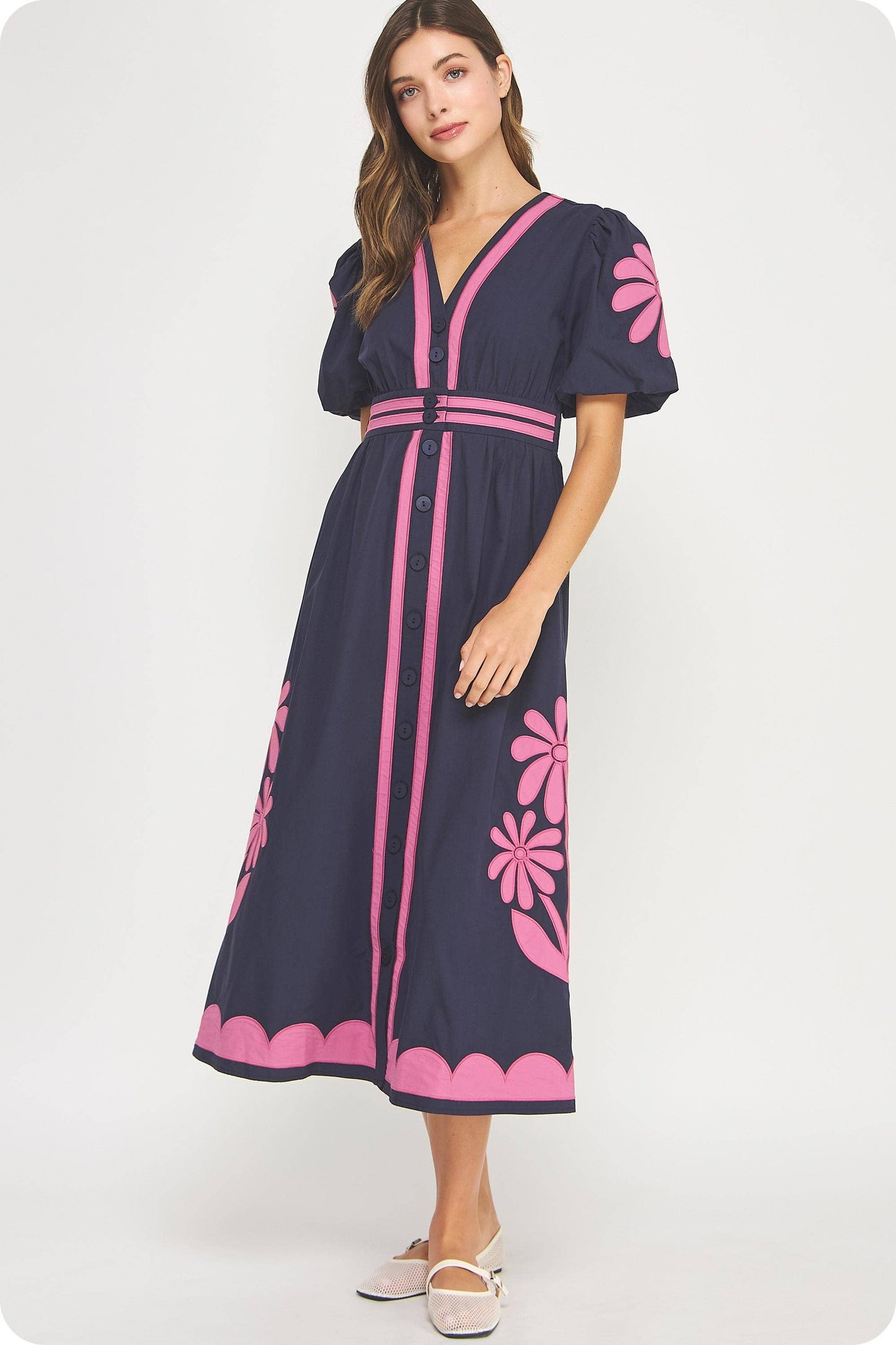 Flower Patch Contrast Embroidery Midi Dress