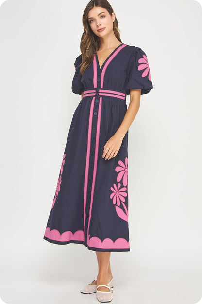 Flower Patch Contrast Embroidery Midi Dress