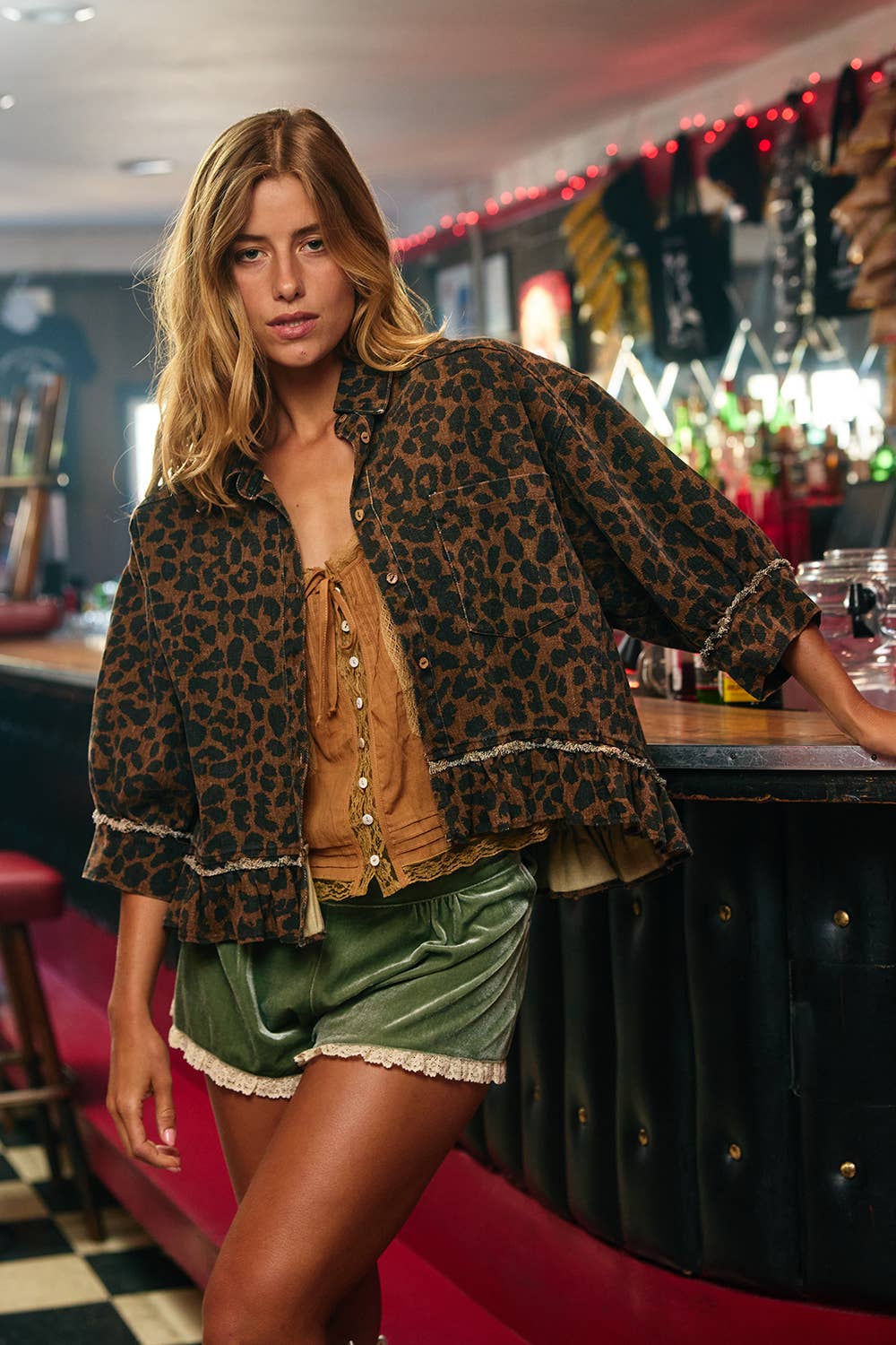 Leopard Print Ruffle Hemline Shirt Top
