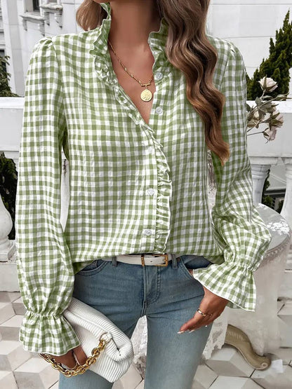 Ruffled Shirt Long-sleeve Plaid Blouse