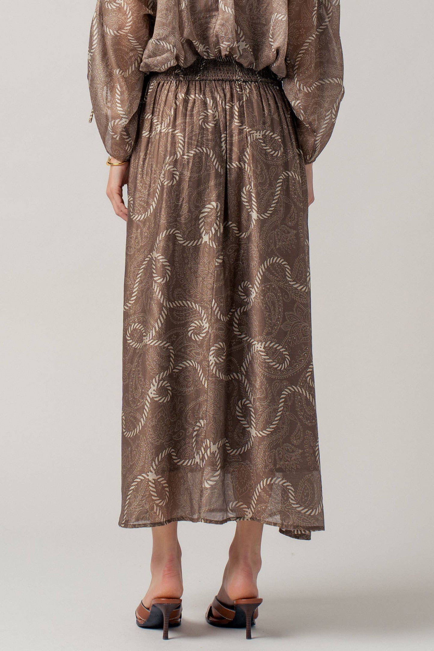 Rope Print Ruched Sleeve Blouse & Smocked Waist Skirt Set