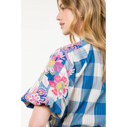 Embroidered Puff Sleeve Plaid Top