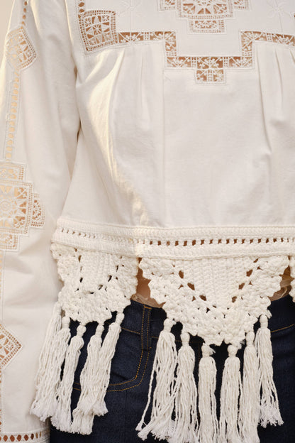 Crochet Tassel Hem Embroidered Top