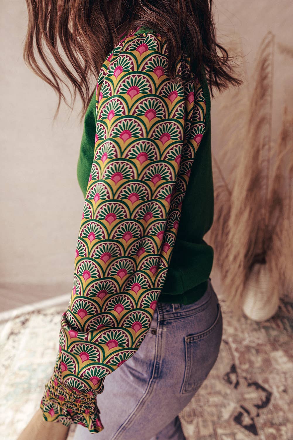 Floral Patchwork Shirred Cuff Puff Sleeve Sweater