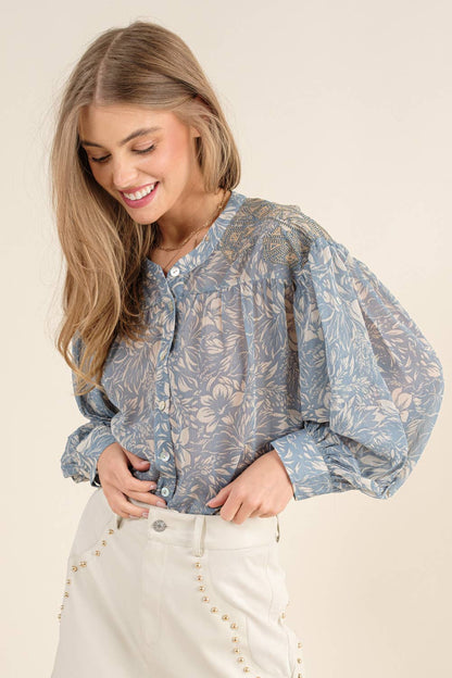 Chiffon Floral Embroidered Shoulder Blouse