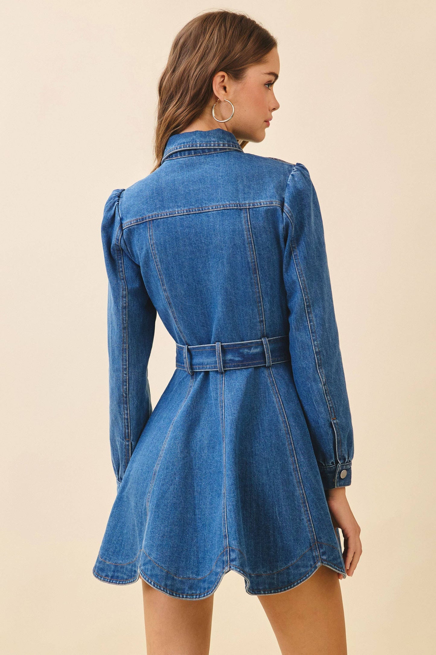 Snap Button Down Front Flare Hem Denim Shirt Dress