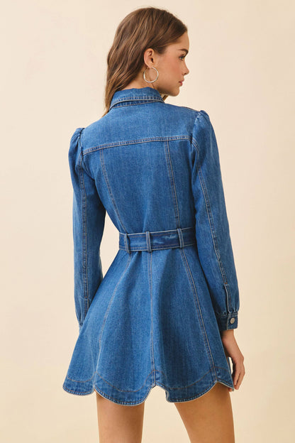 Snap Button Down Front Flare Hem Denim Shirt Dress