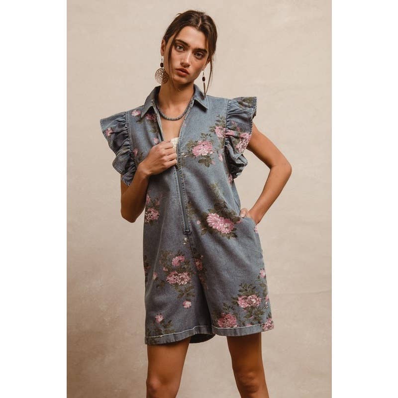 FLORAL PRINT DENIM FLUTTER SLEEVES ROMPER