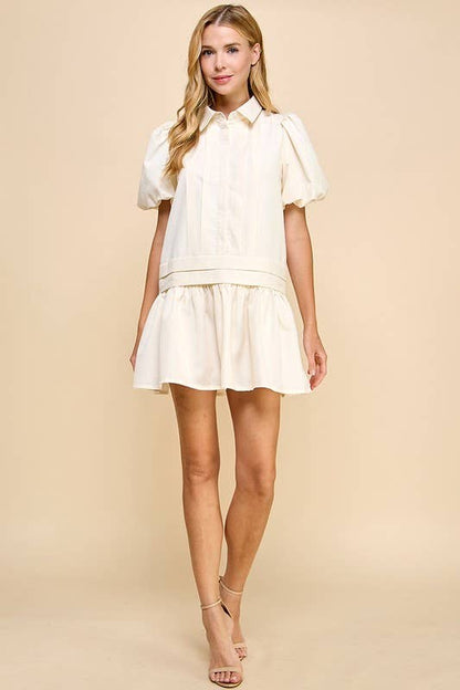 Pleat Detail Puff Sleeves Shirt Dress