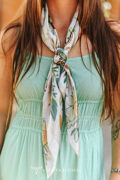 LUCKY & BLESSED Ivory Sage Cowgirl Boots Double Sided Printed Wild Rag