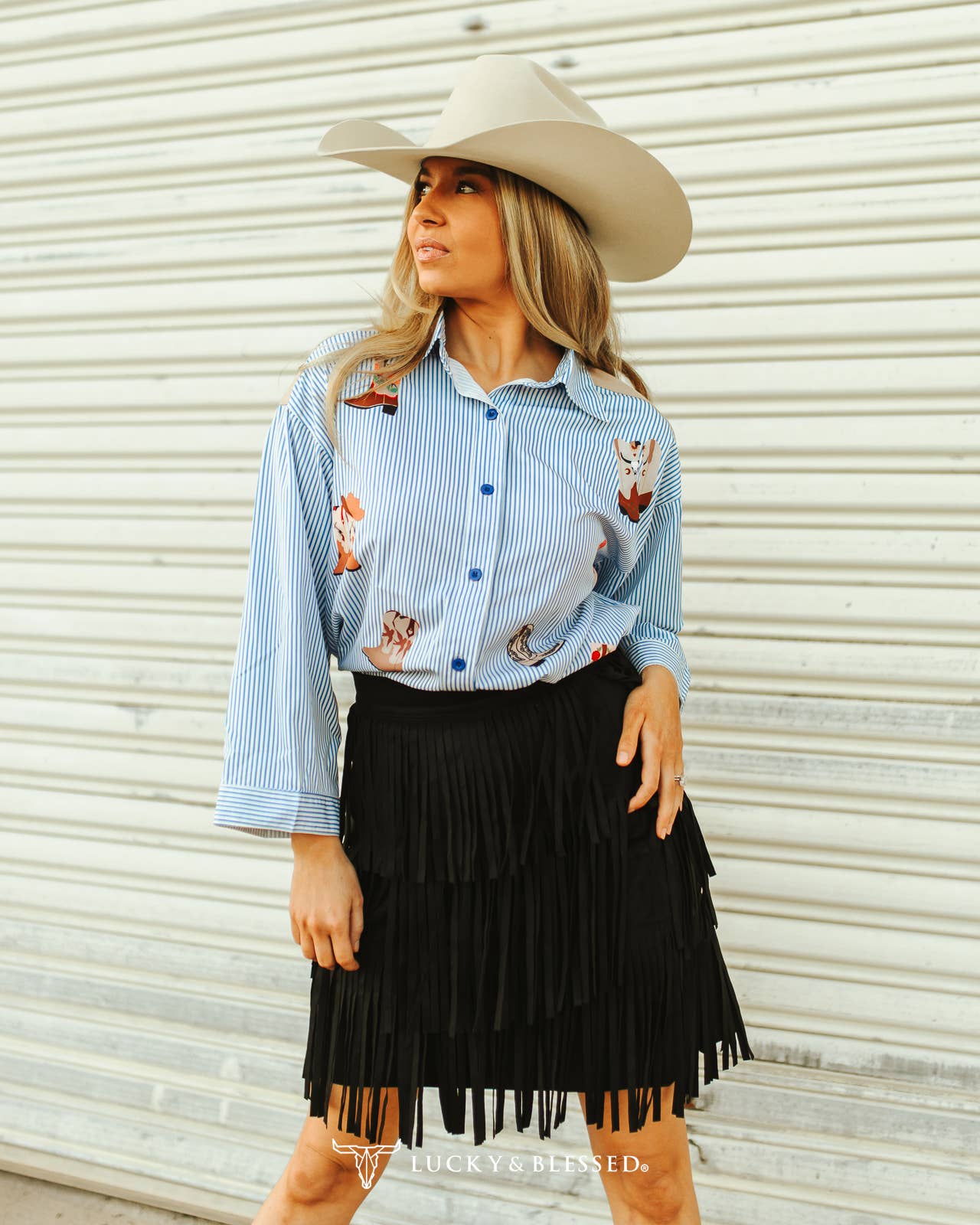 Stripe Button Down Shirt W Boot Embroidery Suede Yokes