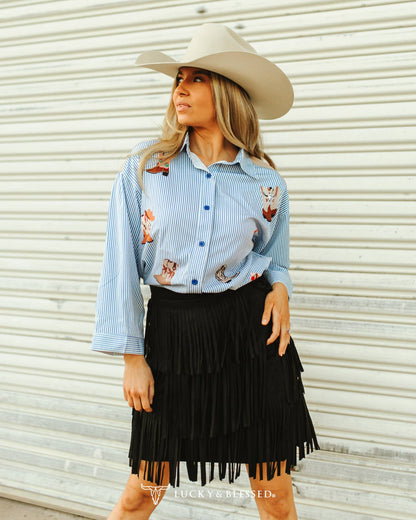 Stripe Button Down Shirt W Boot Embroidery Suede Yokes