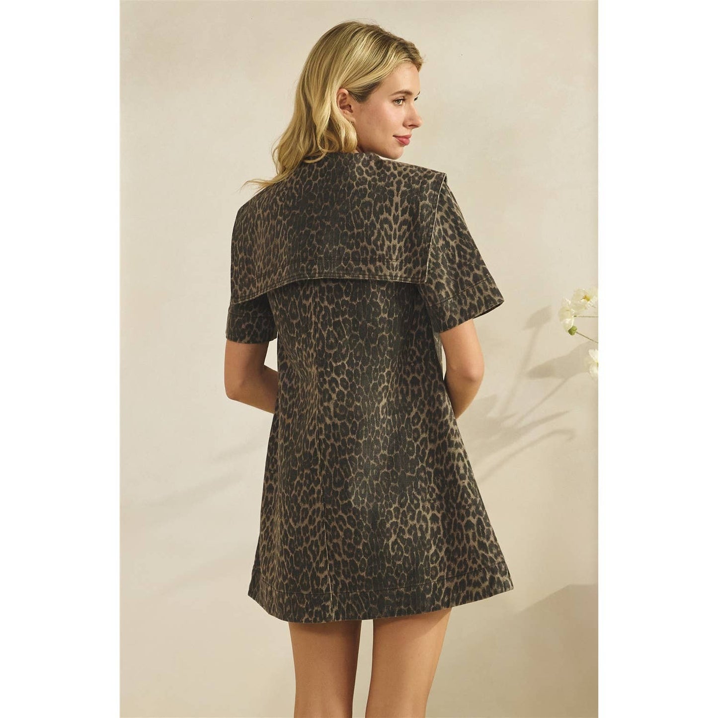 Collared Leopard Printed Denim Mini Dress