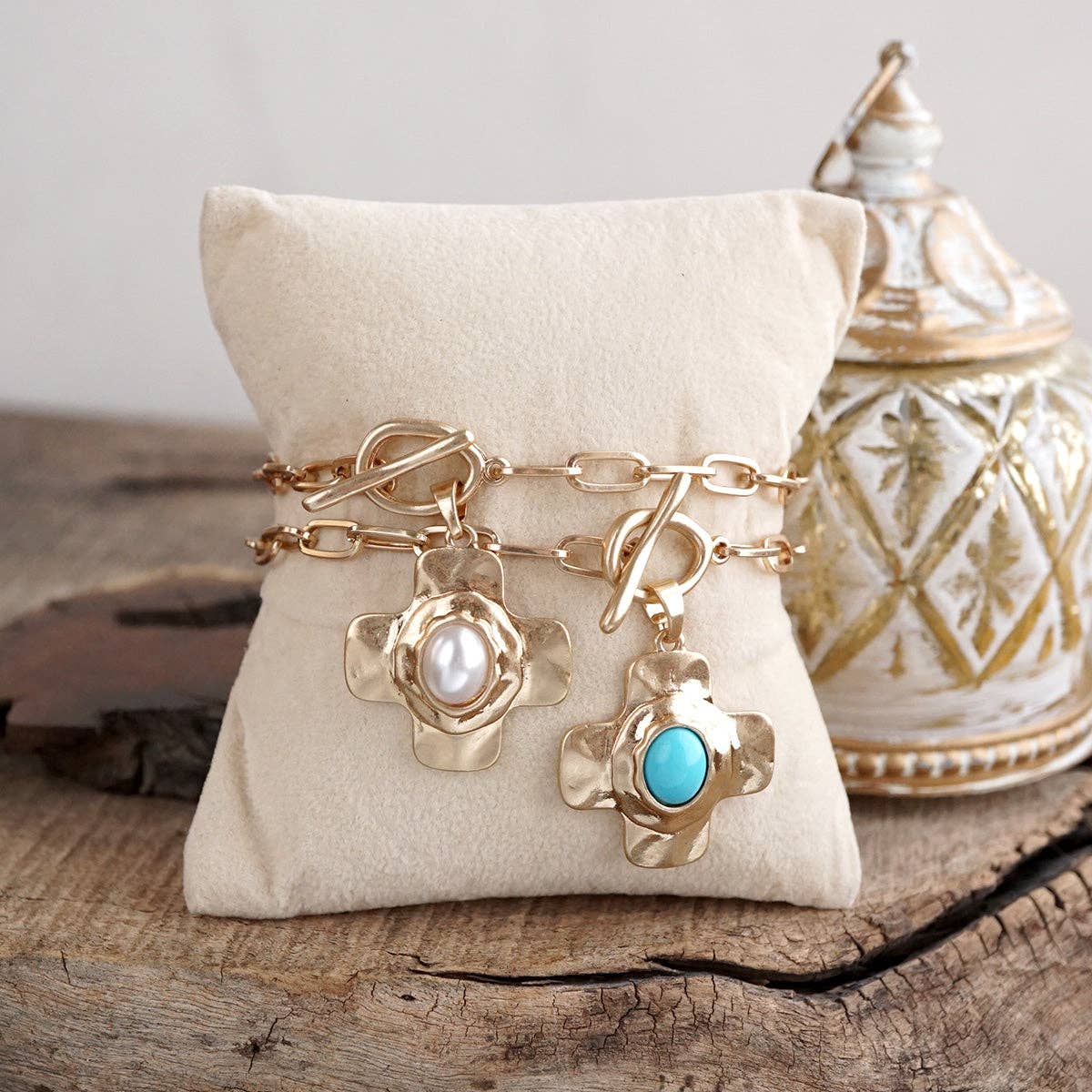 PennyLine Inc. Turquoise Pearl Cross Toggle Bracelet – Sunlit Cross