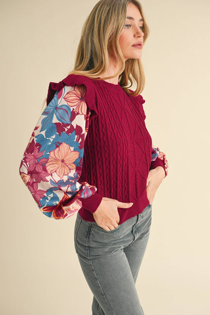 Floral Plum Mixed Media Sweater