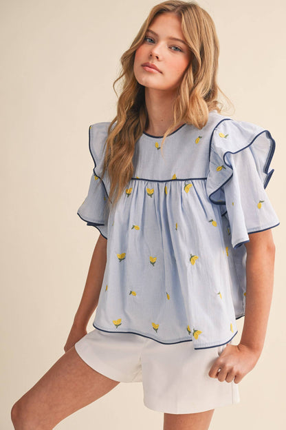 Lemon Embroidery Contrast Piping Top