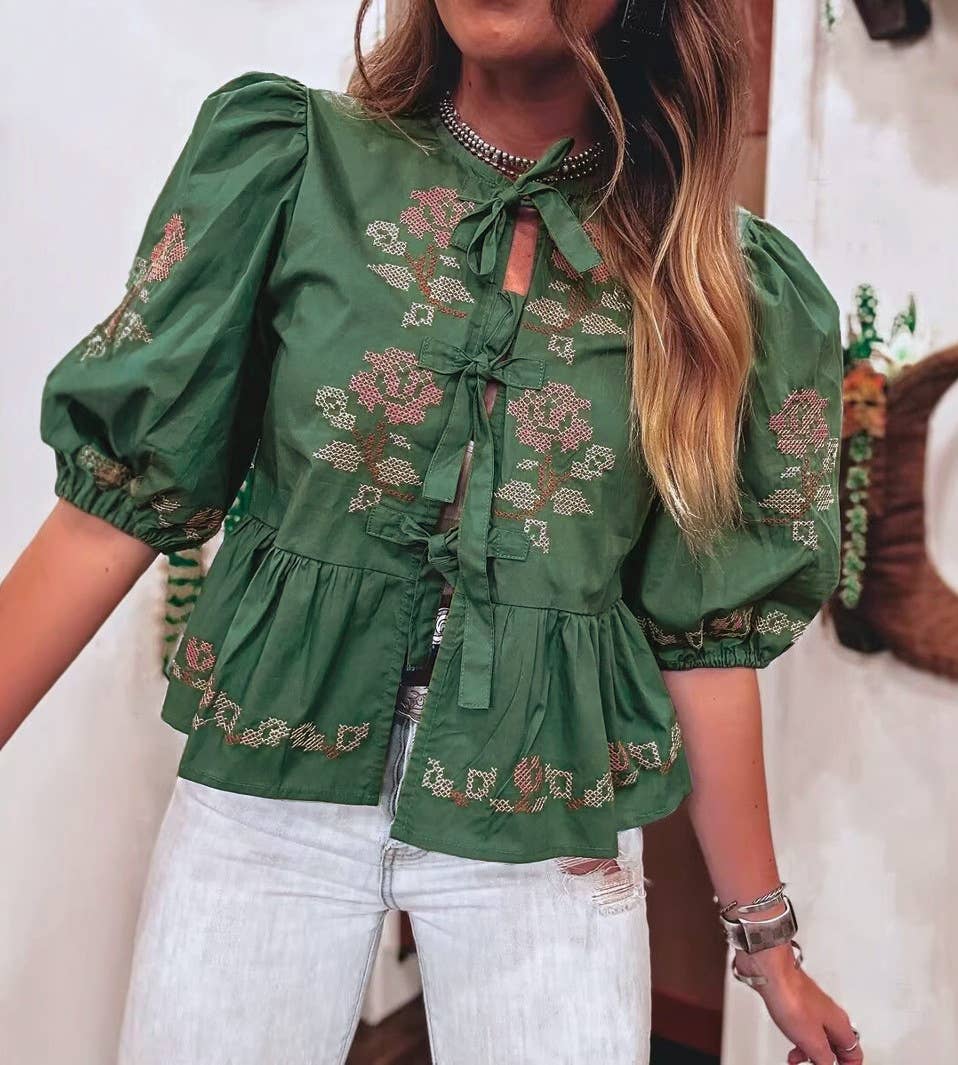 Retro Boho Floral Embroidery Tie Front Top