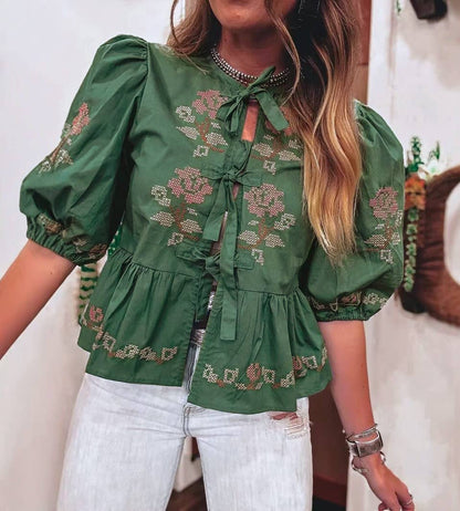Retro Boho Floral Embroidery Tie Front Top