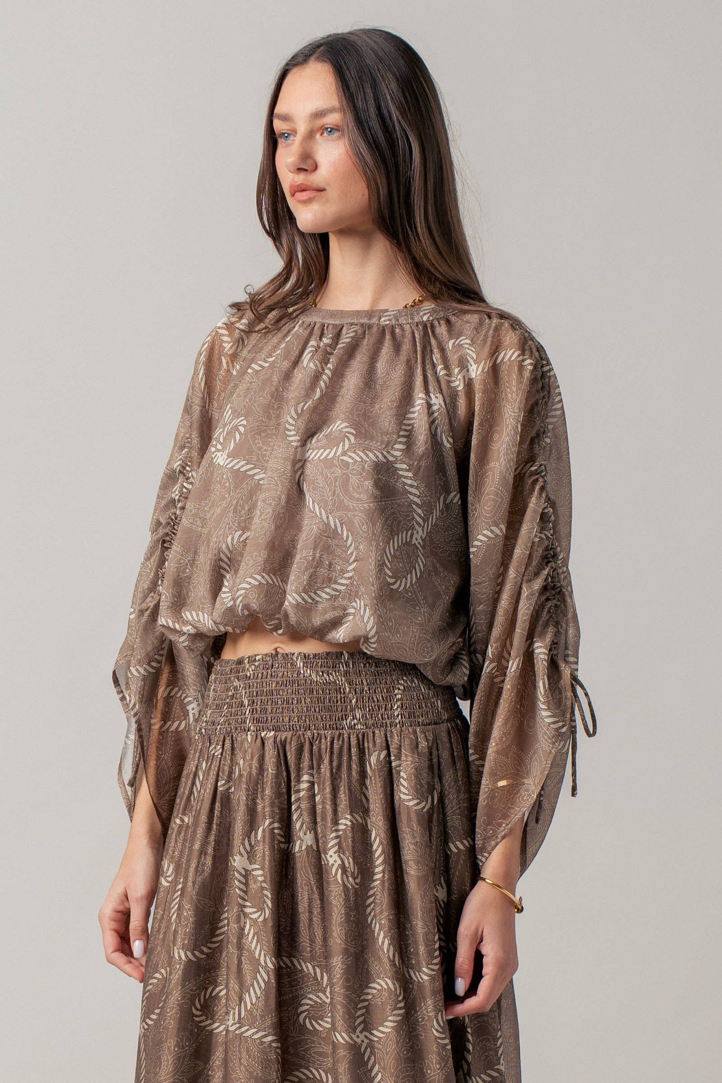 Rope Print Ruched Sleeve Blouse & Smocked Waist Skirt Set