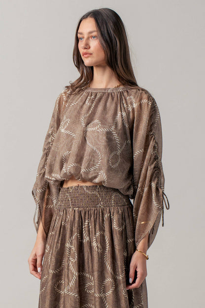 Rope Print Ruched Sleeve Blouse & Smocked Waist Skirt Set