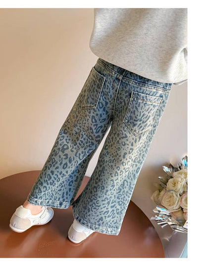 Girl's Blue Leopard Print Denim Wide-Leg Pants