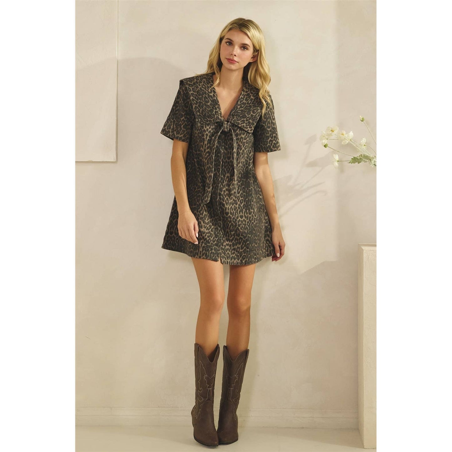 Collared Leopard Printed Denim Mini Dress
