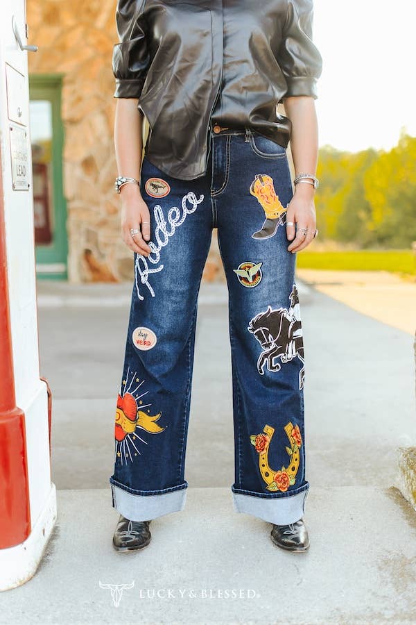 Dark Wash Rodeo Patch Cuffed Wide Leg Jeans