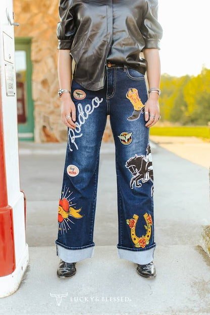 Dark Wash Rodeo Patch Cuffed Wide Leg Jeans
