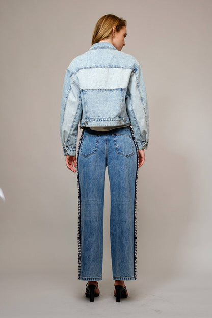Garment Washed Side Crochet Denim Jeans