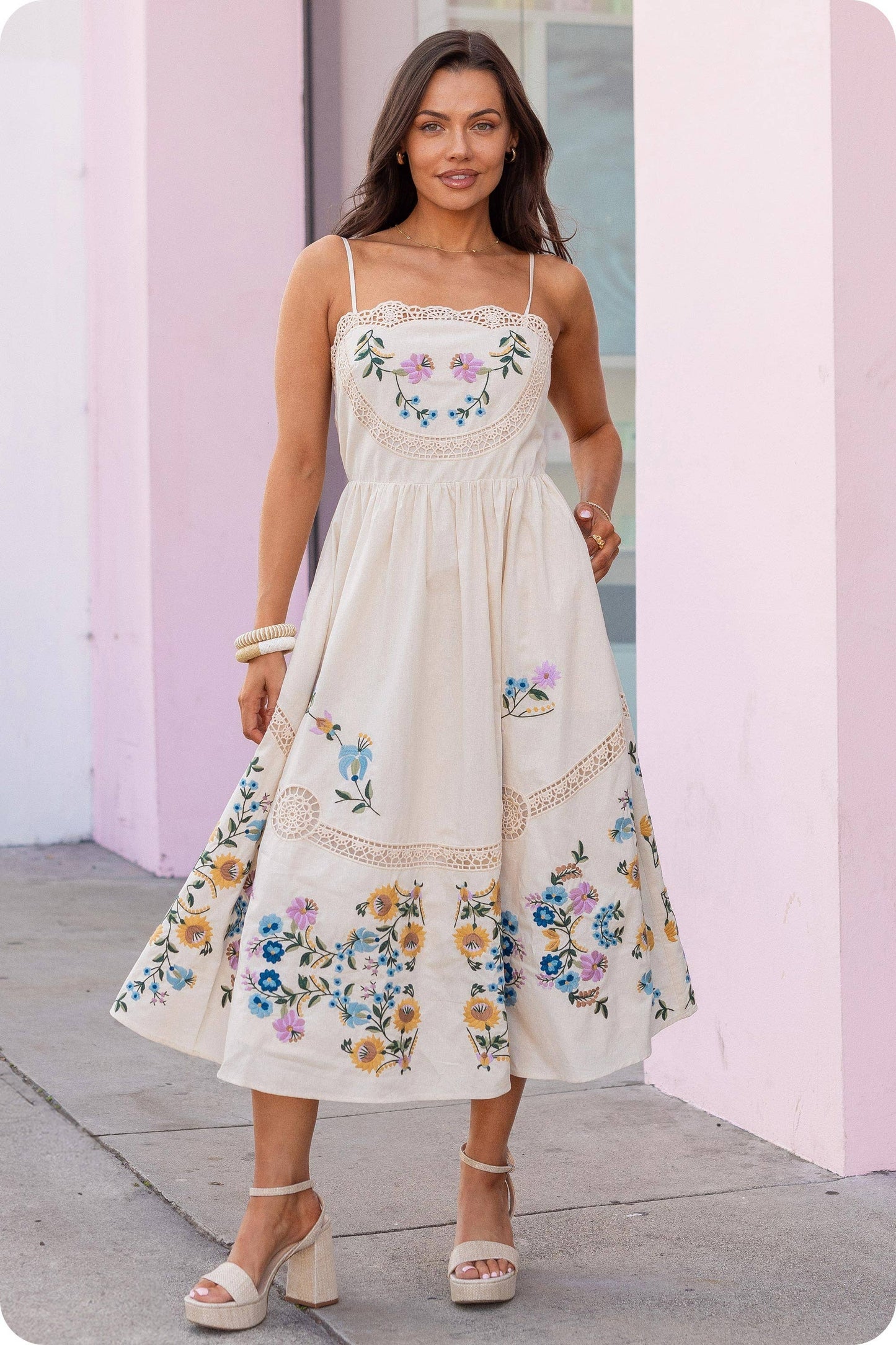 Embroidered Floral Lace Detail Midi Dress